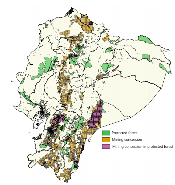 Map of mining concessions vs protected forests in Ecuador